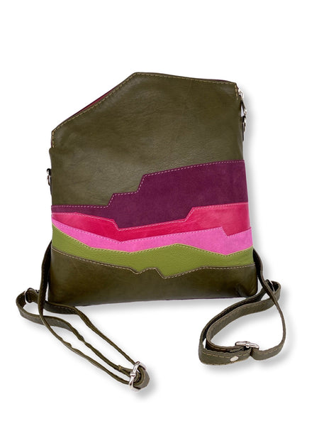 FLUID medium triangular bag / rucksack (greens & pinks)