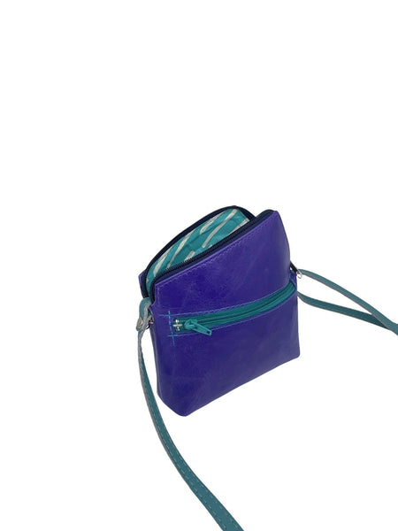 Tiny TRIANGLE bag (FIG LEAVES - purple/teal)